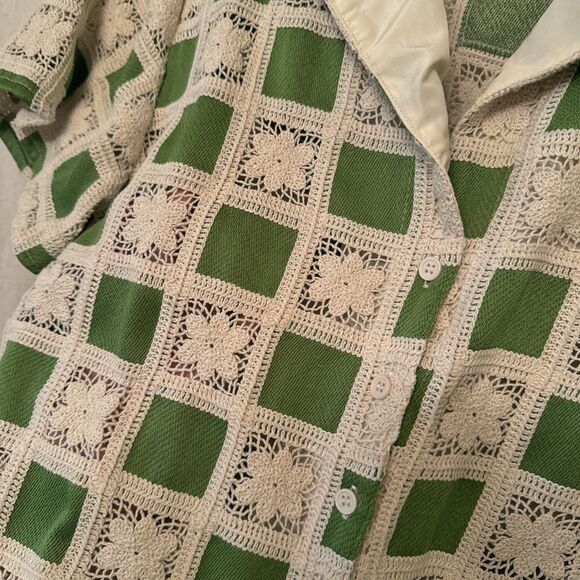Flat White By Anthropologie Green And White Checker Crochet Button-Up Top Sz L - Picture 2 of 5